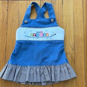 Beaux et Belles Smocked Owl Dress Girls Size 2 Blue Corduroy Jumper